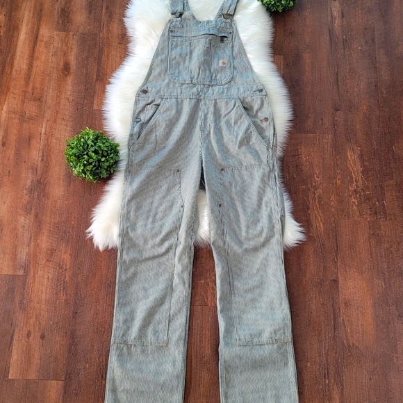 Carhartt RUGGED FLEX® RELAXED FIT DENIM RAILROAD STRIPE BIB OVERALLS - Picture 3 of 14